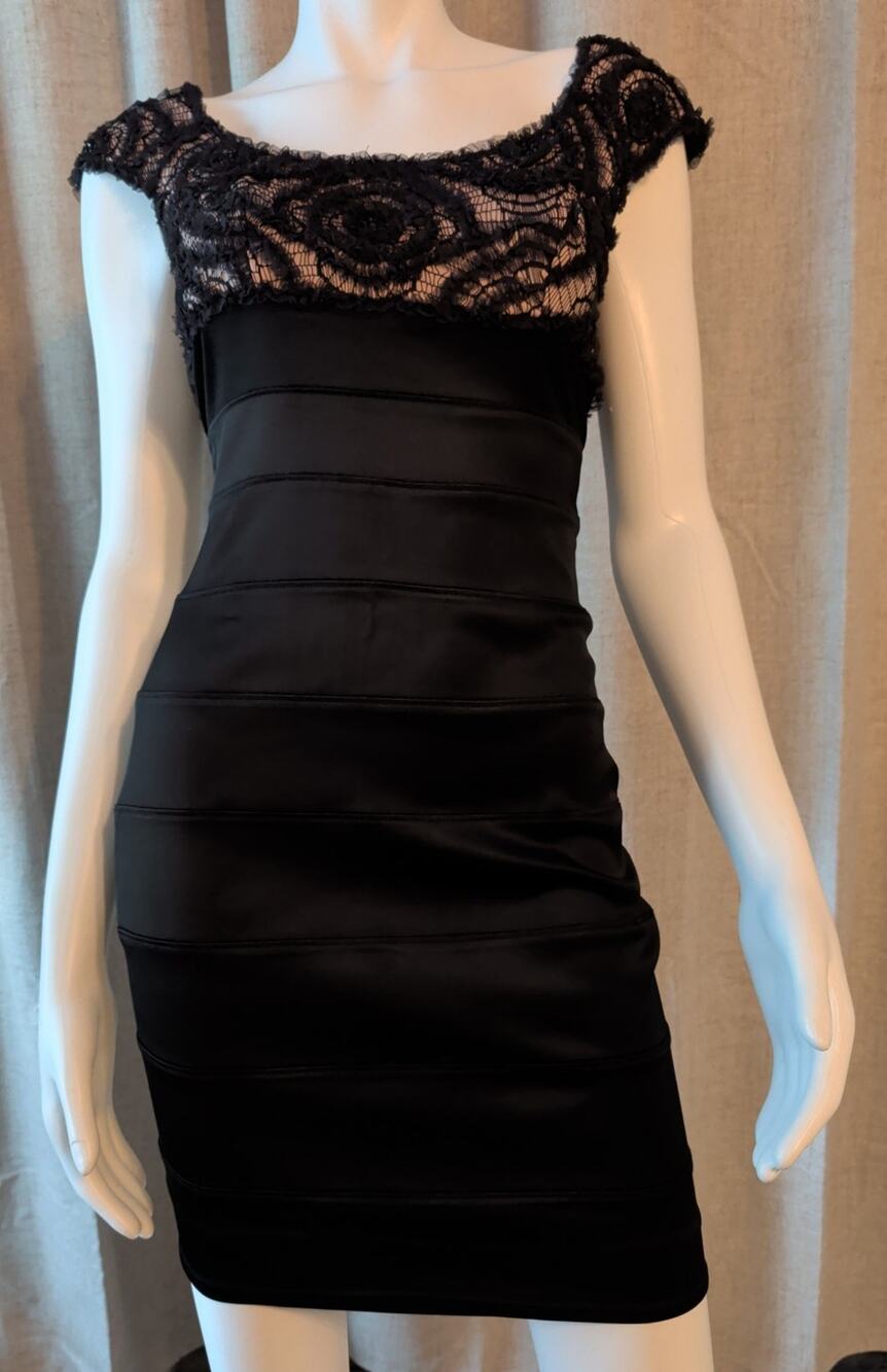 Tadashi Shoji Sheath Dress 2P Black Beige Lace Embellished Short Sleeve Midi